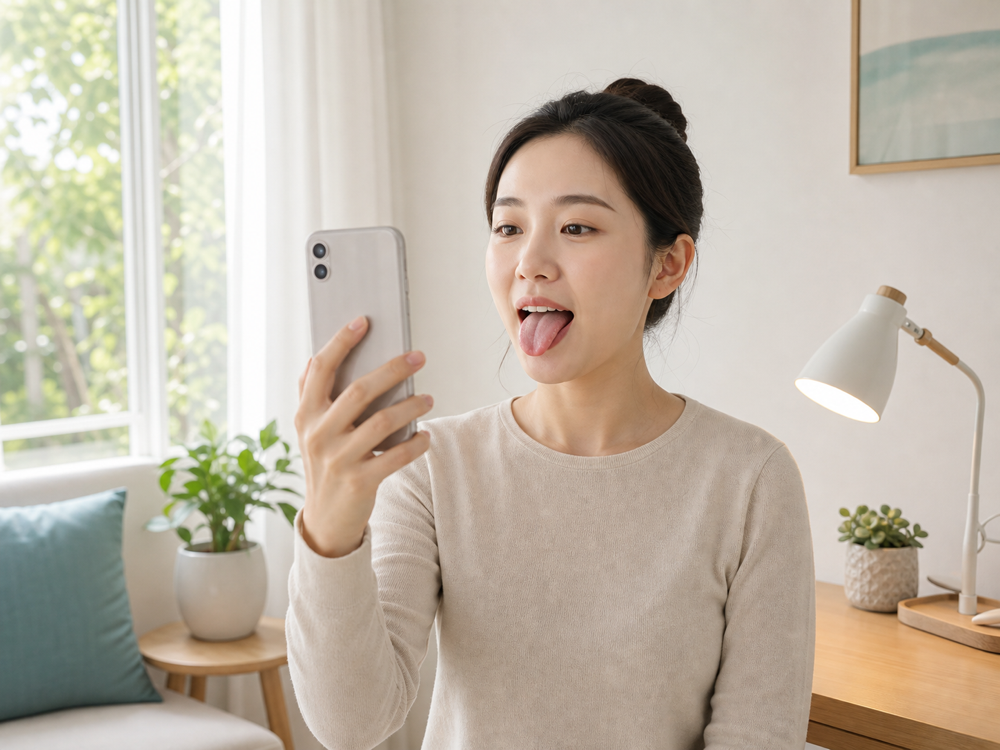 在自然光和白色柔和光线下拍摄舌照